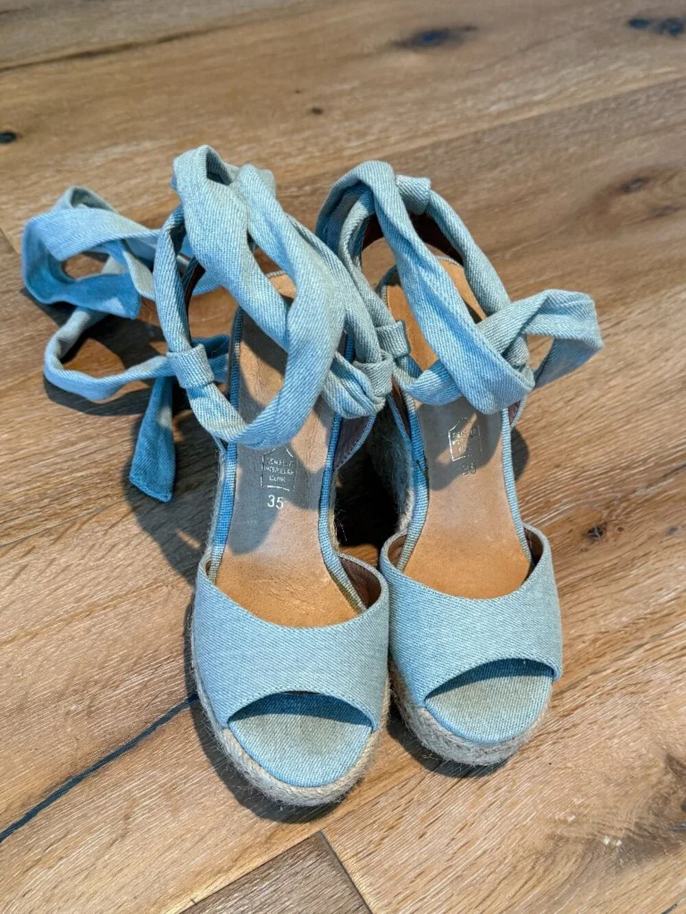 French Texto Espadrilles from the Cote d' Azure Light Blue Denim & Jute Heel 4